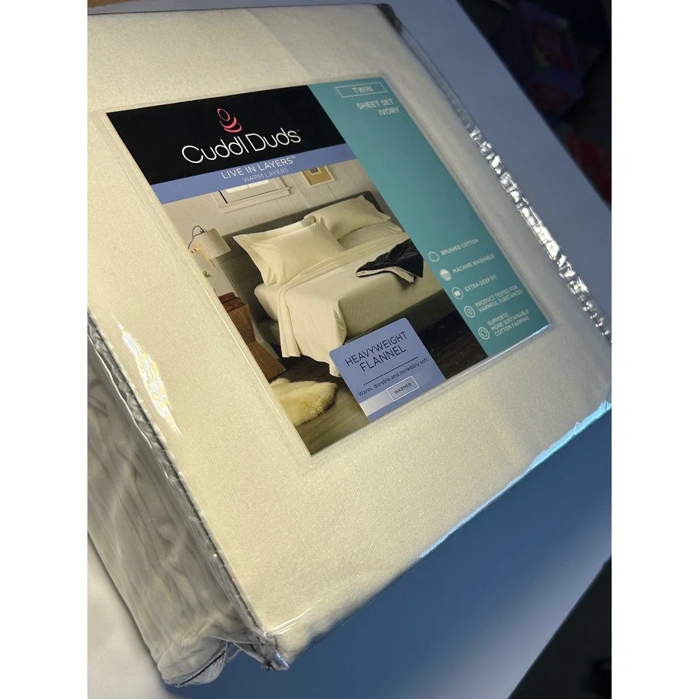Cuddl Duds Twin Heavyweight Flannel Sheet Set Ivory 100% Cotton 3CUSFLSSSDTW